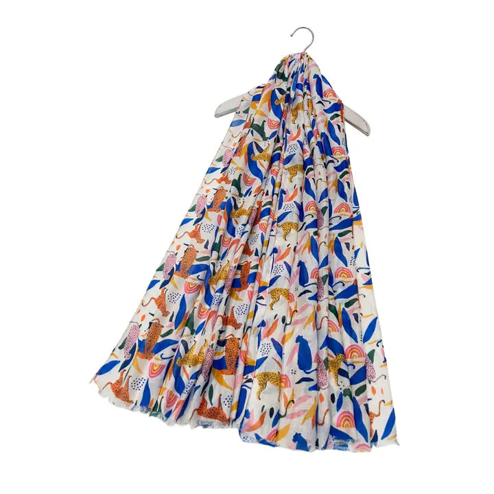 Vibrant Leopard & Rainbow Print Frayed Scarf