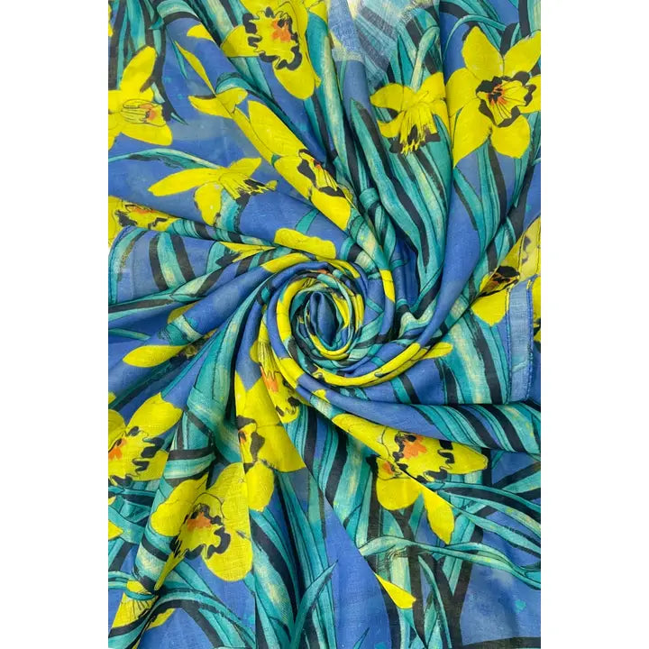Daffodil Spring Floral Frayed Scarf Blue