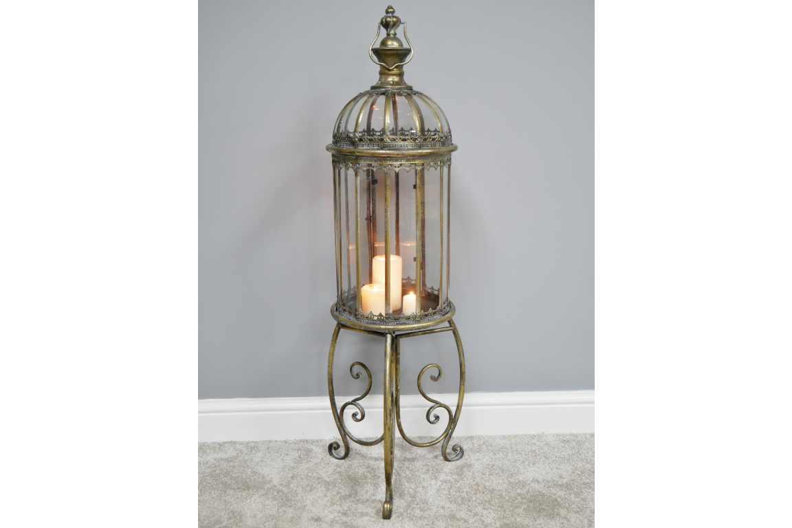 Glass Antique Gold Lantern On Stand