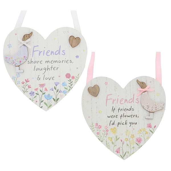 Set of 2 Ditsy Ducks Hanging Heart Plaque Friends