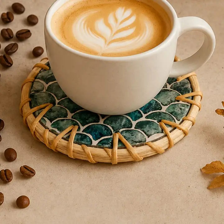 Natural Rattan & Mother of Pearl Kitchen Coasters (Set of 6)