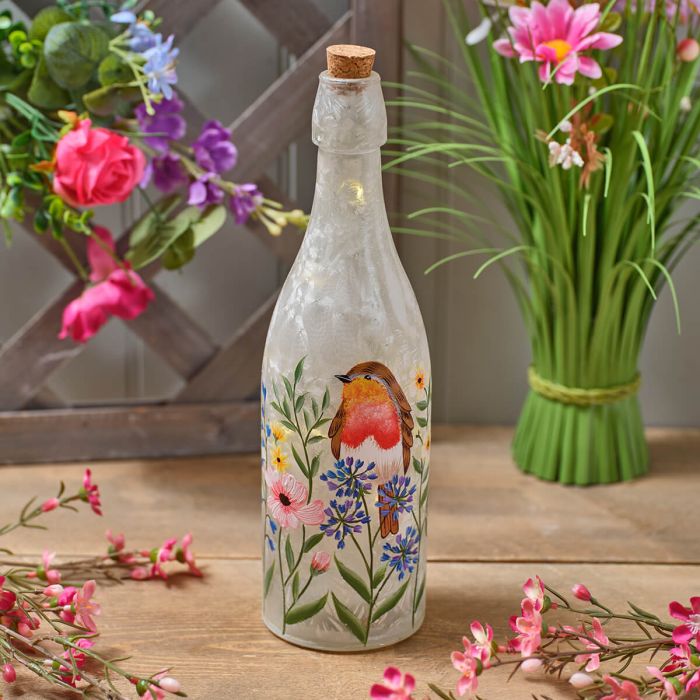 Garden Birds Hand Painted Robin and Flowers Frosted LED Glass Bottle