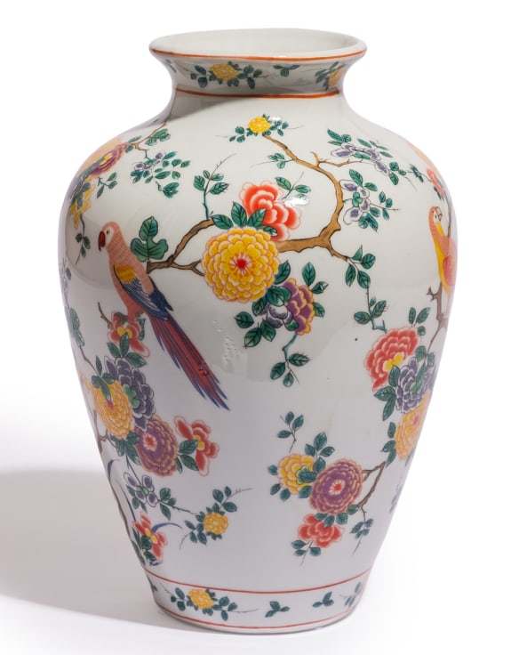 White Ceramic Floral & Tropical Bird Vase
