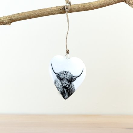 Glazed Highland Cow Hanging Heart, 8cm