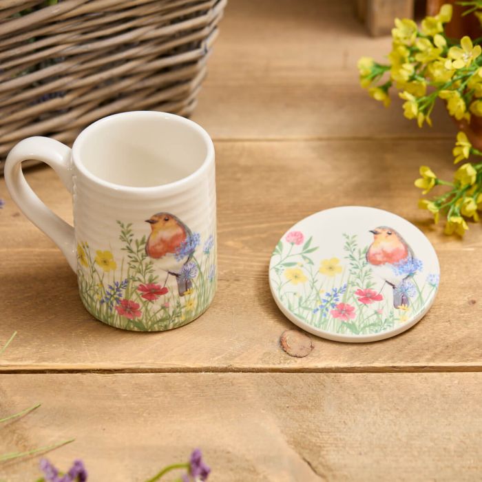Robin Floral Ceramic Ribbed Mug with Coaster Gift Boxed