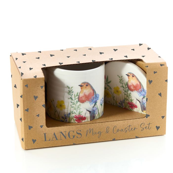 Robin Floral Ceramic Ribbed Mug with Coaster Gift Boxed