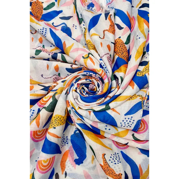 Vibrant Leopard & Rainbow Print Frayed Scarf