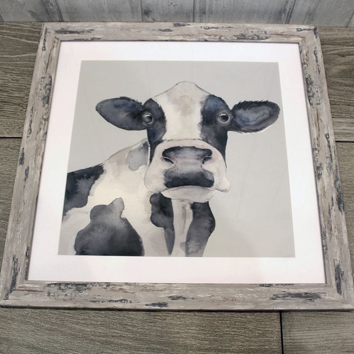 Cow Framed Print with Distressed Wooden Frame
