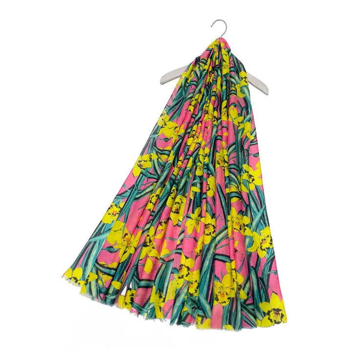 Daffodil Spring Floral Frayed Scarf Pink