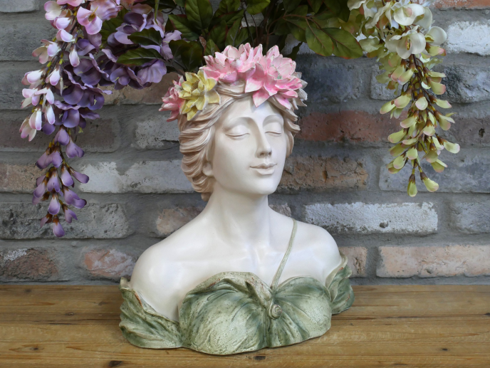 Floral Lady Head Planter with Green Dress and Flower Head Band