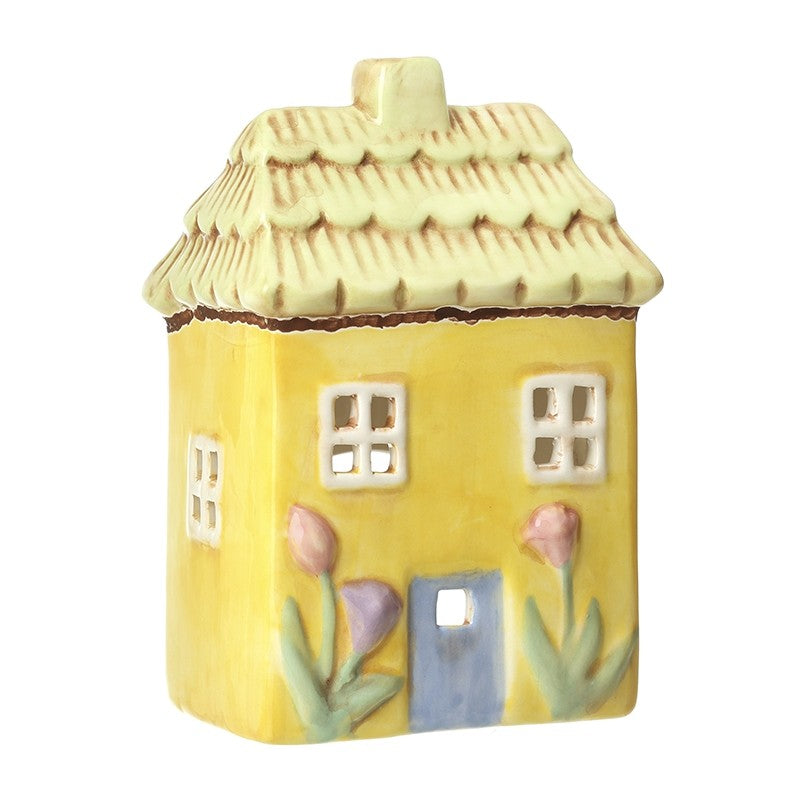 Ceramic Yellow Floral Tulip House Tealight Holder 14.5cm