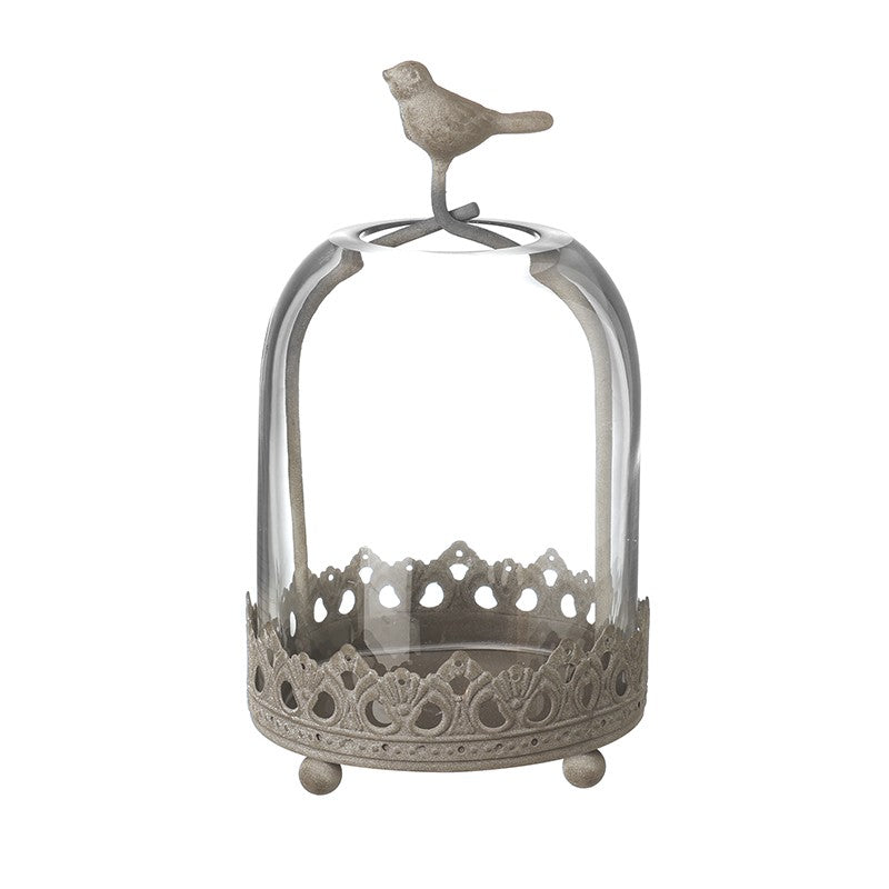 Metal Base Candle Cloche With Bird