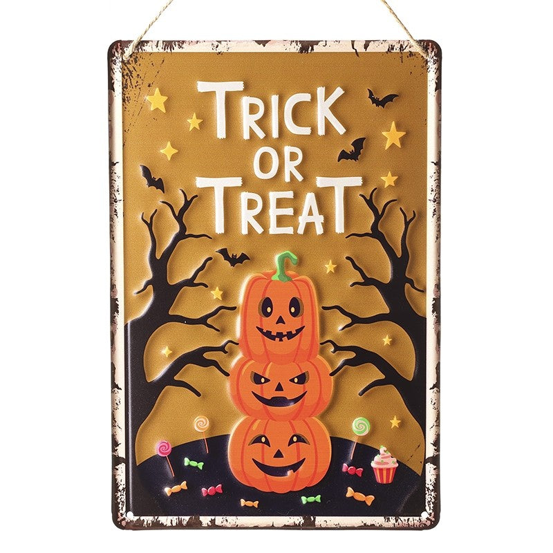 Hanging Trick Or Treat Pumpkin Stack Metal Sign