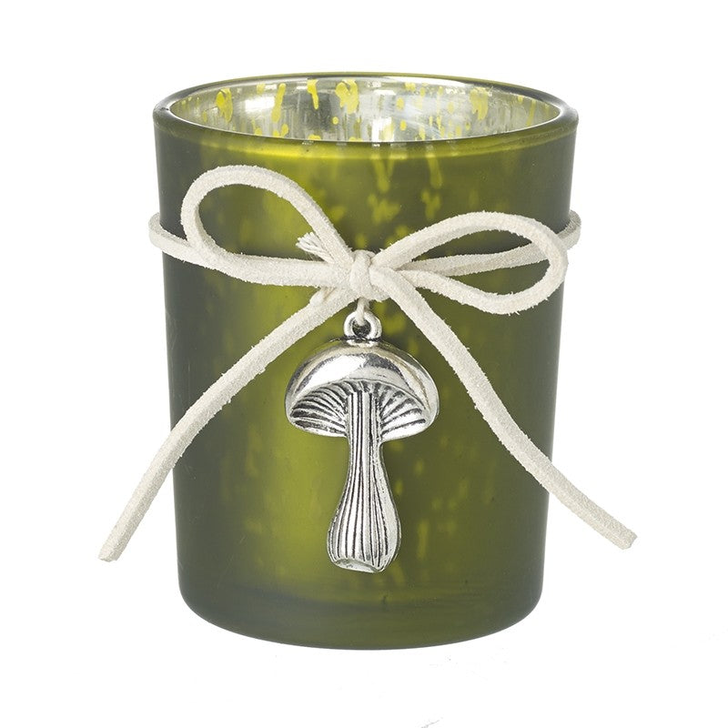 Frosted Green T Light Glass Holder with hanging toadstool