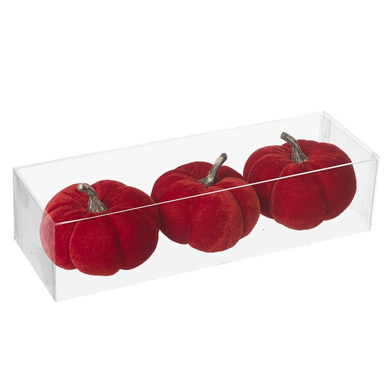 Set Of 3 Deep Red Velvet Pumpkins