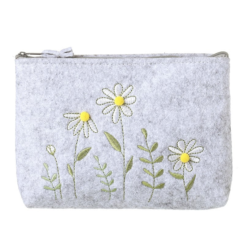 Floral Embroidery Grey Felt Pouch