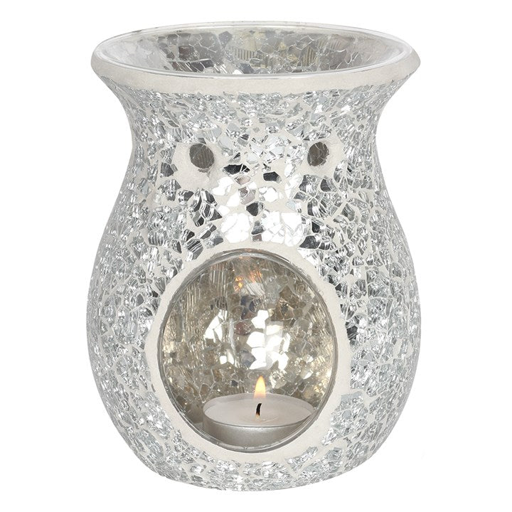 Large Silver Crackle Glass Oil Burner & Wax Warmer