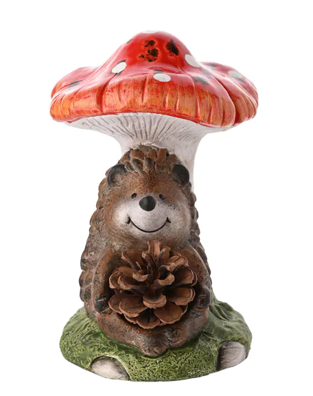 Country Living Hedgehog Holding A Pinecone On A Toadstool