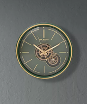 Wall Clock with Moving Gears and Metal Frame Green and Gold 35cm
