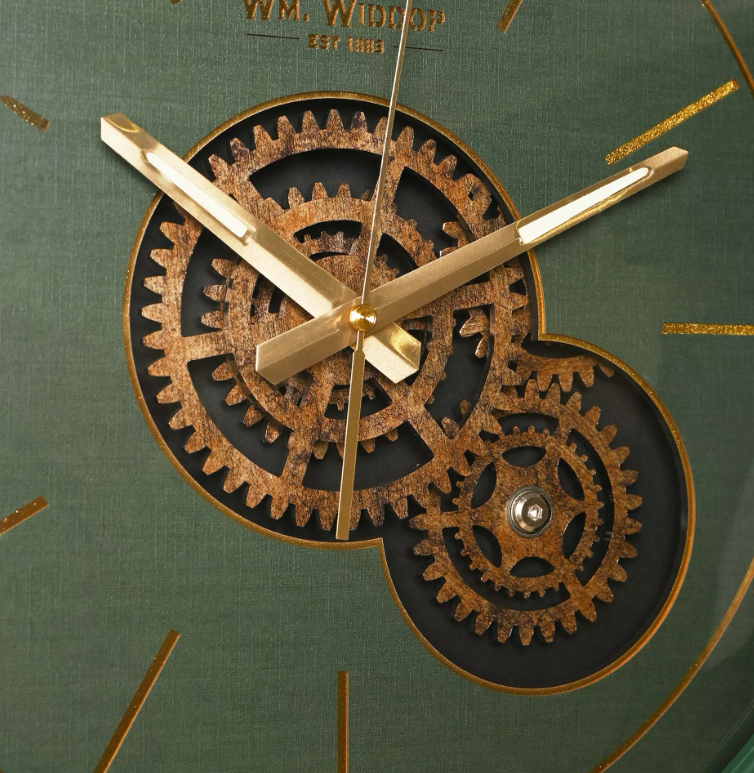 Wall Clock with Moving Gears and Metal Frame Green and Gold 35cm