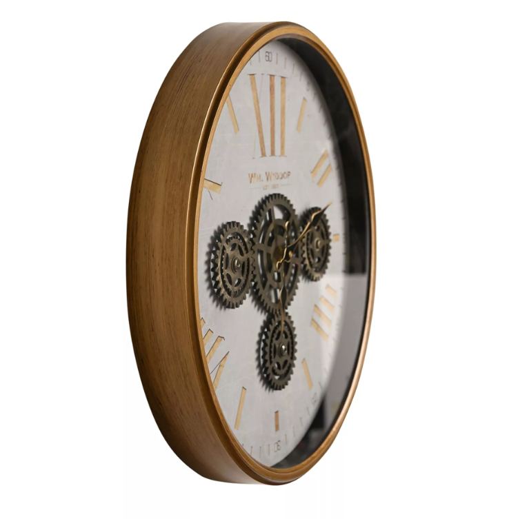 White Wall Clock with Moving Gears and Gold Frame 45cm