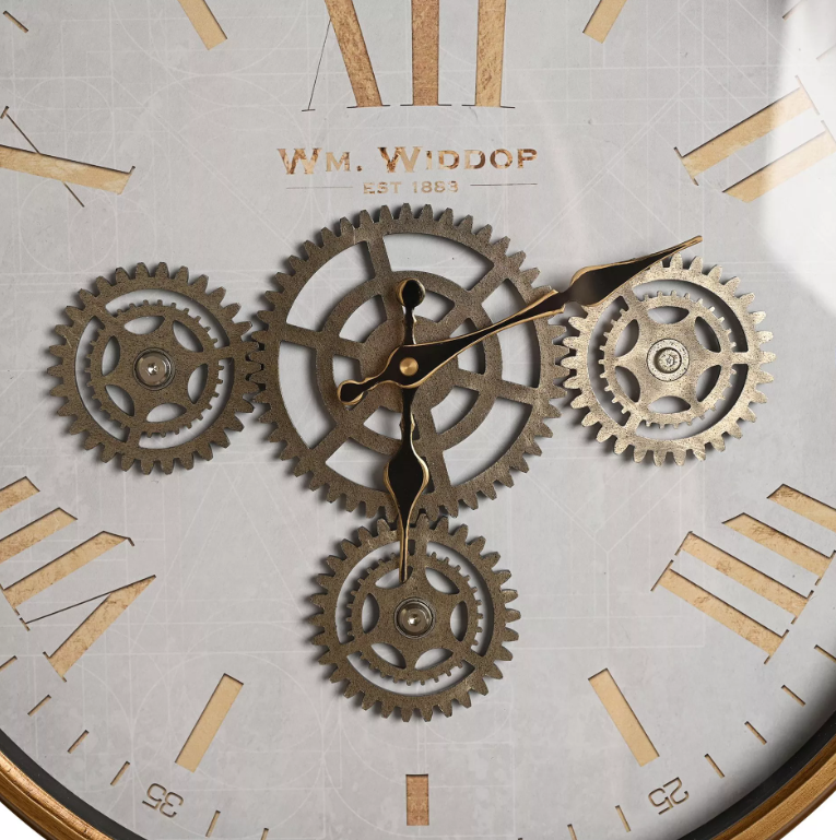 White Wall Clock with Moving Gears and Gold Frame 45cm