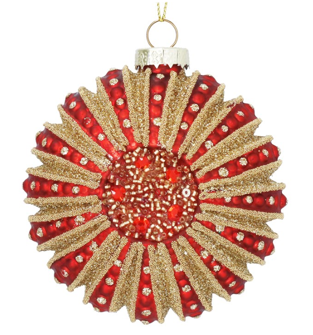 Glass Hanging Dec 9cm - Red/Gold Ornate Disc
