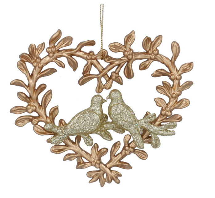 Acrylic Hanging Dec 11cm - Gold Heart Wreath w Glitter Doves