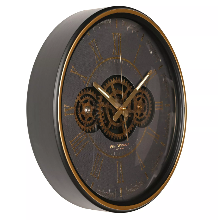 Wall Clock with Moving Gears Black and Gold