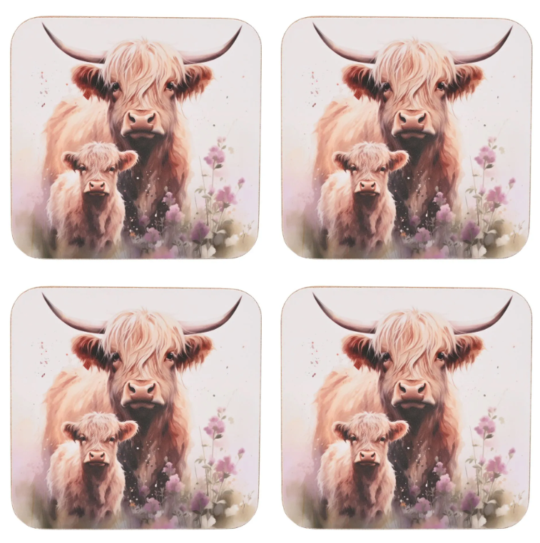 Country Living Highland Cow and Calf set of 4 Coasters