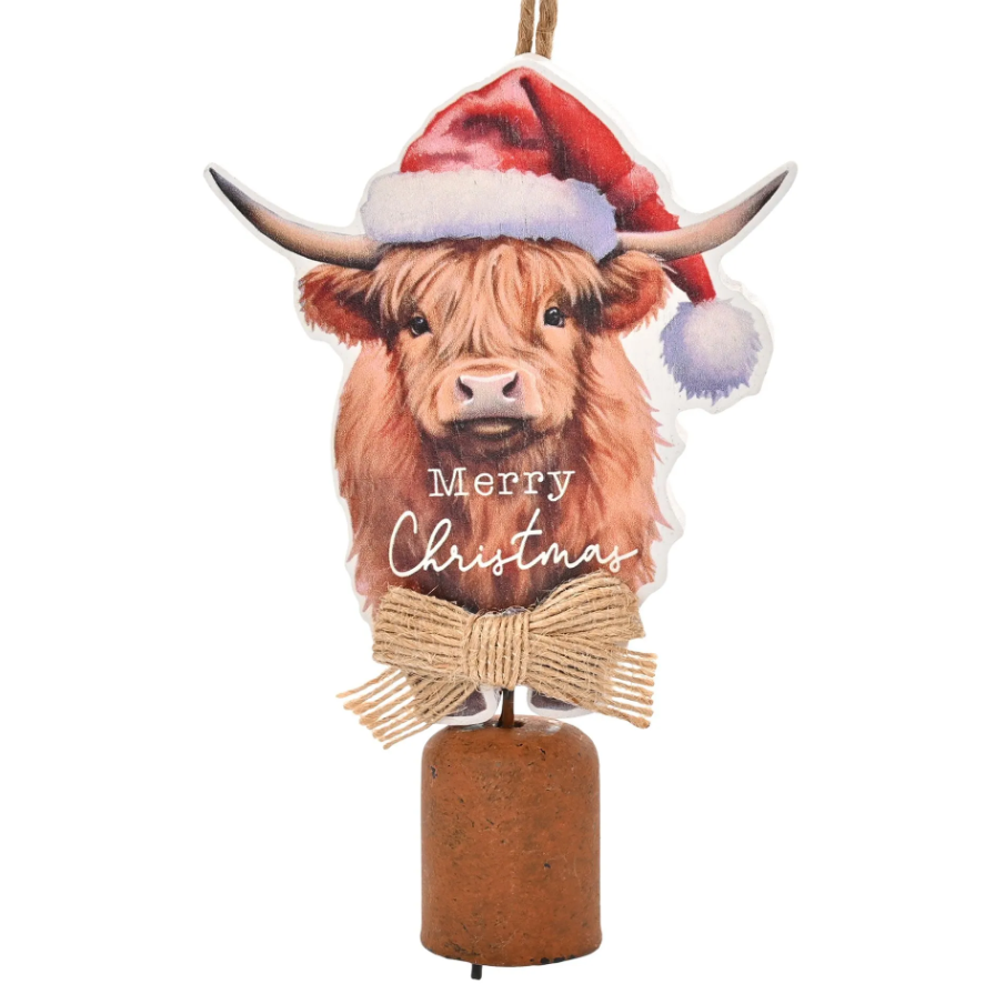 Highland Cow Hanging Plaque with Bell 'Merry Christmas'