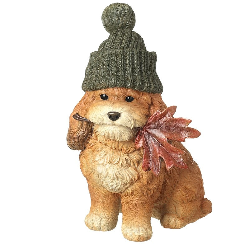 Sitting Dog In Green Hat W/Autumn Leaf