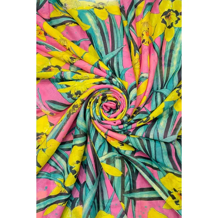 Daffodil Spring Floral Frayed Scarf Pink