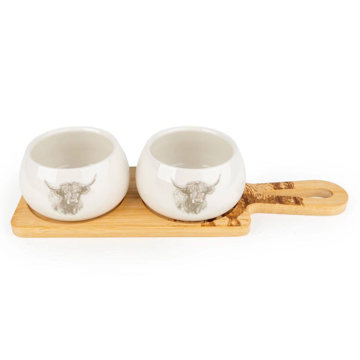 Set of 2 Bowls on Bamboo Tray - Highland Cow