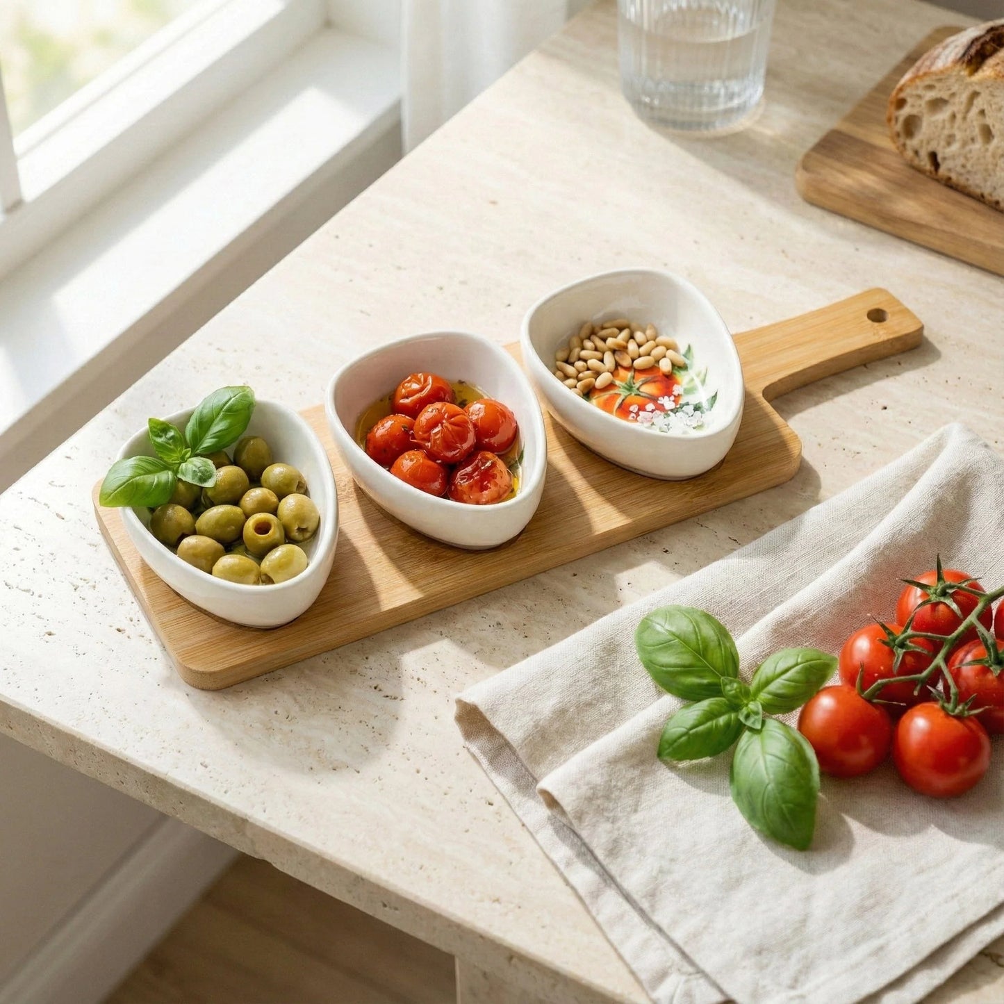 Set of 3 Dishes on Bamboo Tray - Tomatoes