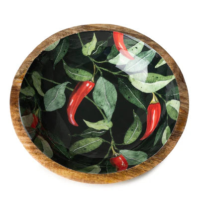 Large Mango Wood Bowl - Enamel Chilli Print