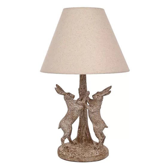 Hestia Wood Effect Hare Table Lamp With Natural Shade 17.5"