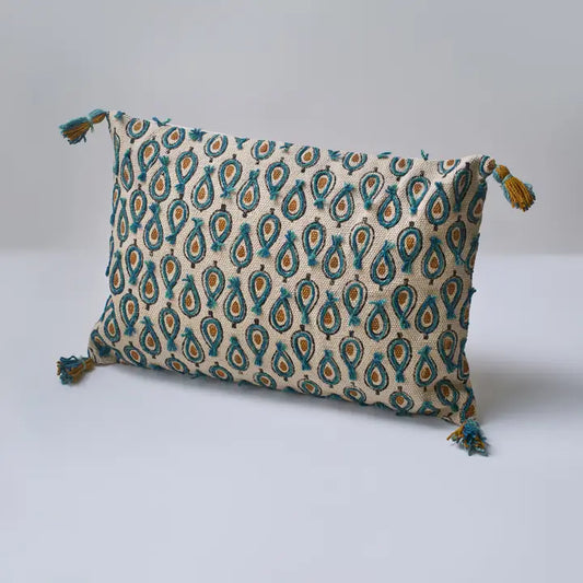 Peacock Bloom Embroidered Lumbar Cushion with Filler