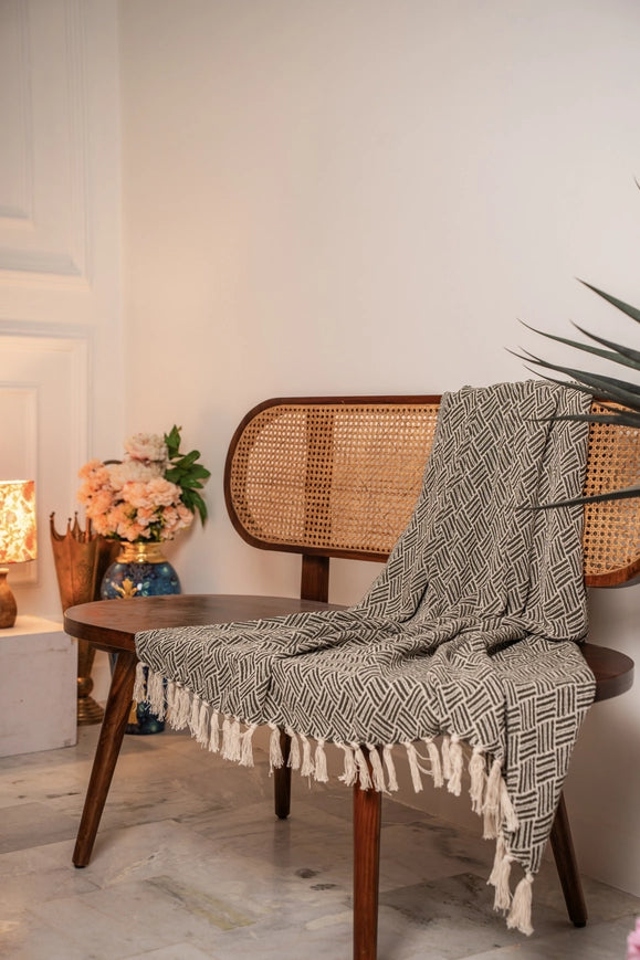 Soft-Recycled Handwoven Throw - Olive Green & Natural