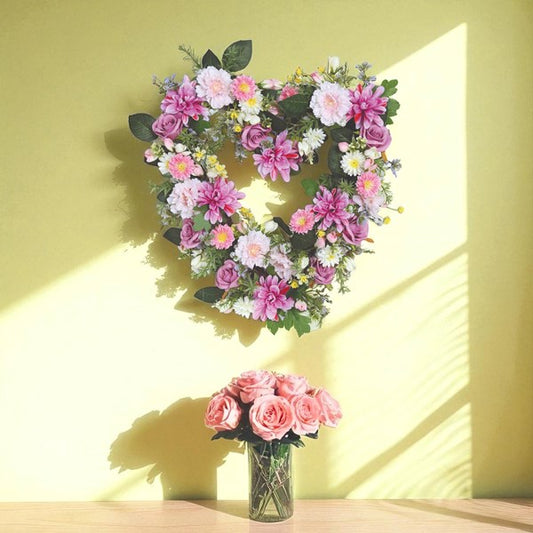 Heart Floral Wreath Pink Rose, Sunflower and Dahlia 45cm