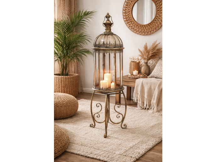 Glass Antique Gold Lantern On Stand