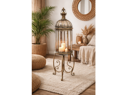 Glass Antique Gold Lantern On Stand