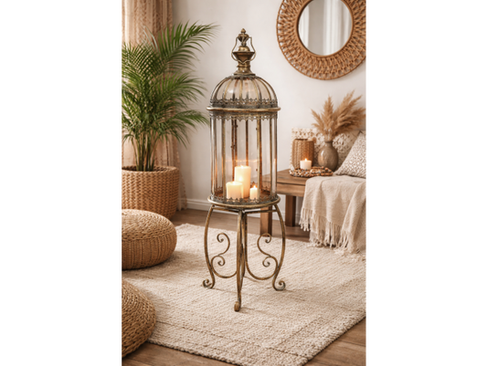 Glass Antique Gold Lantern On Stand