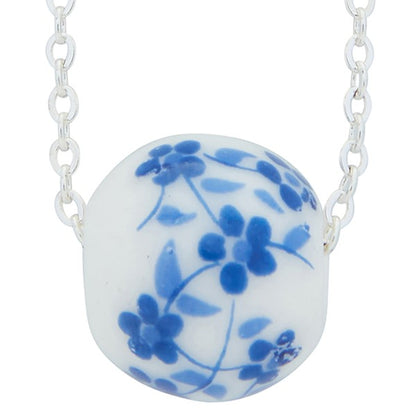 Ceramic Floral Silver Plated Necklace Blue