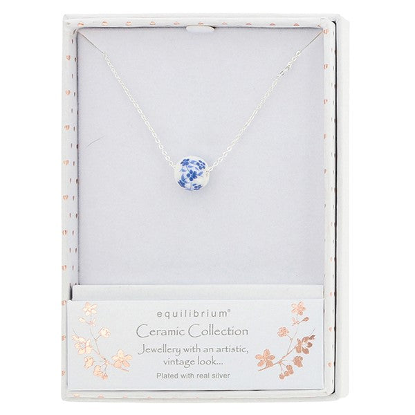 Ceramic Floral Silver Plated Necklace Blue