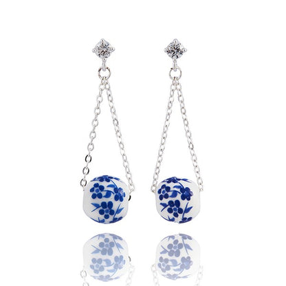 Ceramic Floral Drop Silver Plated Earrings Blue