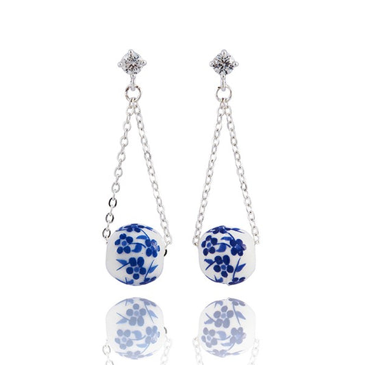 Ceramic Floral Drop Silver Plated Earrings Blue