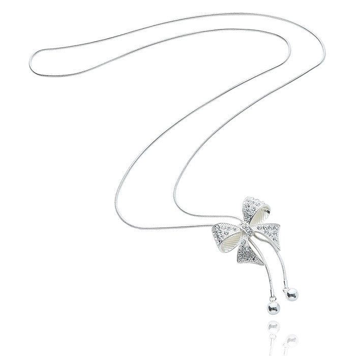Contemporary Long Silver Plated Necklace Pretty Bow