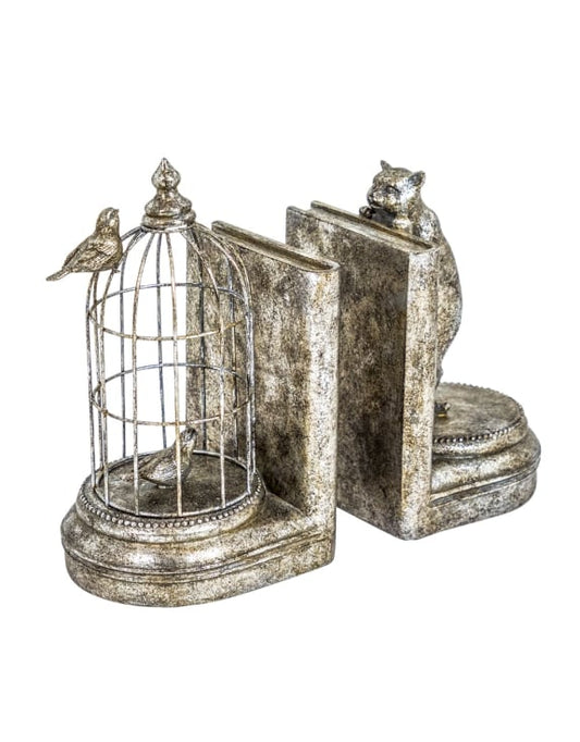 Antique Silver Curious Cat Pair of Bookends