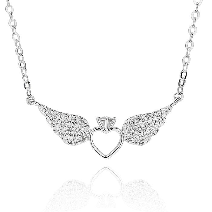 Angel Wings Pave Heart Silver Plated Necklace